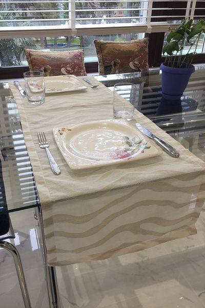 CLARISS HOME Runner, Linen, Wave Pattern, Jacquard, Stone Color, Table Cloth, Kitchen 40 X 140