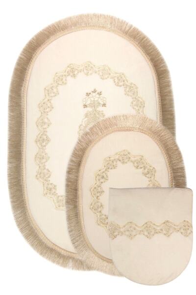 Bonny Home Set de scaune de toaletă din dantelă franțuzească, oval, din 3 piese, exclusivist în cremă Set de covorașe de baie