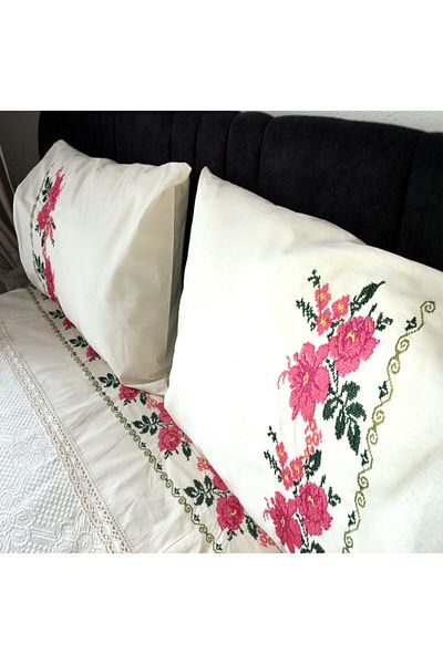 Yavuz Tekstil Double Cross Stitch Embroidered Pique Set-pink
