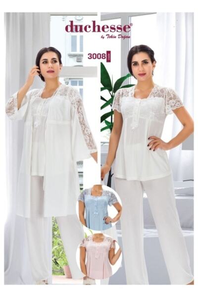 Duchesse طقم بيجامة وثوب صباحي للحوامل والحوامل 3008 Ecru مكون من 3 قطع