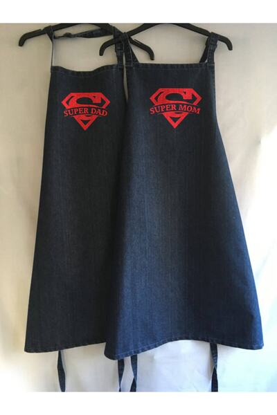 Super Mom Ve Super Dad Eşli Denim Nakış Işlemeli Sevgili Kombin Mutfak Önlüğü Chef Önlük