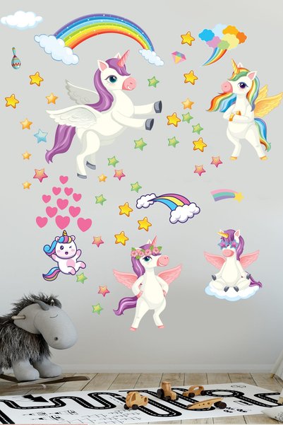 Genel Markalar Sevimli Unicorn Gökkuşağı Bulutlar Ve Yıldızlar Çocuk Odası Anaokulu Sticker Seti