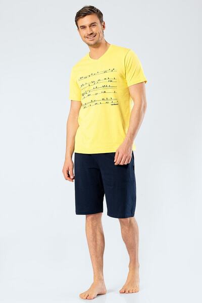 Cacharel 100% бавовна, чоловічий жовтий принт, V-подібний виріз, футболка та шорти-бермуди
