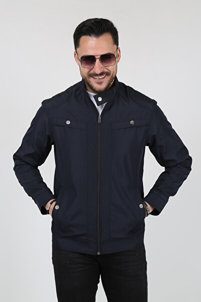 REGOS Erkek Lacivert Göğüs Ve Kolları Çıtçıt Detaylı Omuzları İşlemeli İnce Mevsimlik Mont Ceket
