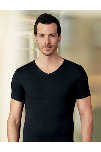 Şahinler - Black V-Neck Short Sleeve Single Jersey Men's T-shirt Me073