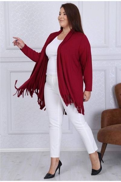 LİKRA Women's Claret Red Large Size Asymmetrical Cut Tasseled Loose Viscose Cardigan