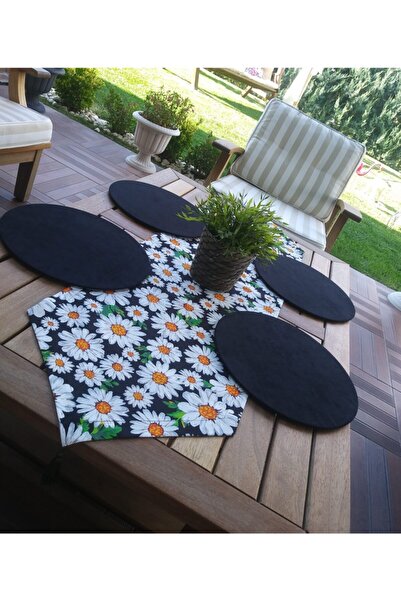 Ayşemce Πατάκι δαπέδου με σχέδιο μαργαρίτας 4 Μαύρο Supla