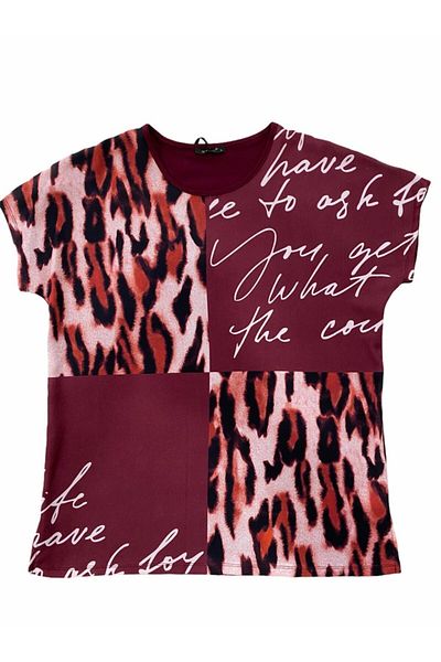 Elele Tricou de damă din bumbac pieptănat cu model leopard burgundy