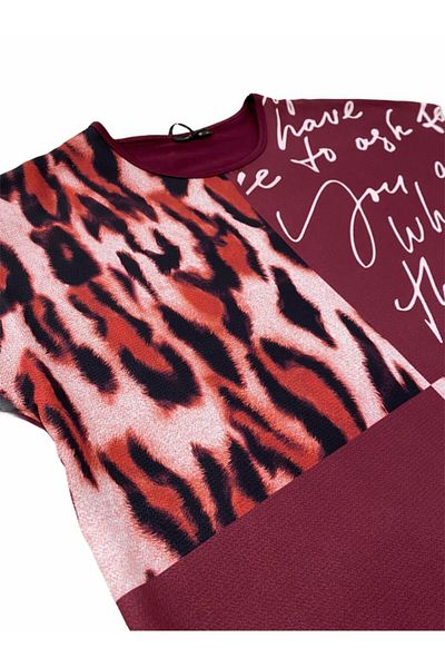 Elele Tricou de damă din bumbac pieptănat cu model leopard burgundy