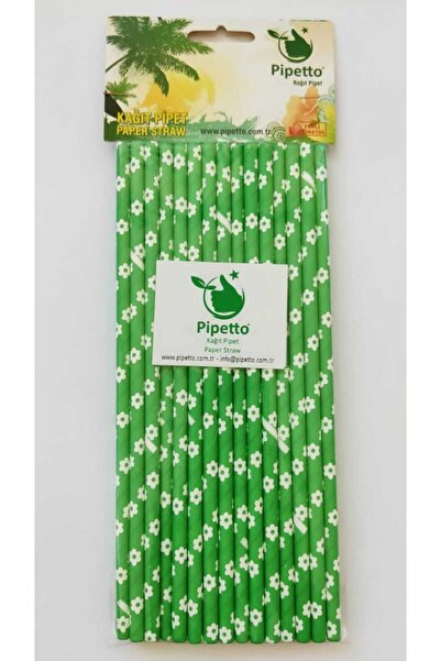 Pipetto Beyaz Yoncalı Yeşil Kağıt Pipet 21cm 25 Adet