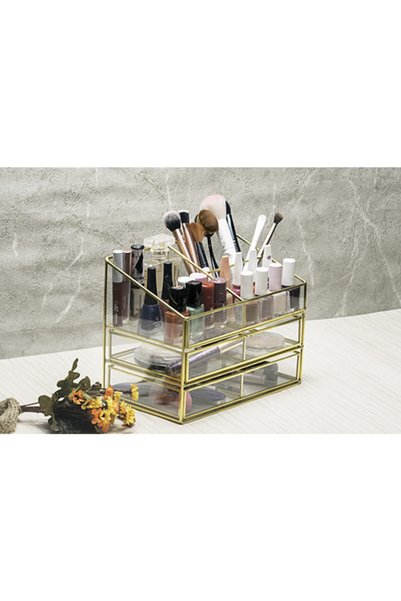 Ahşap Fikir Station Gold Organizer Glass Box with Drawers