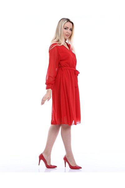 Apple Cix فستان شيفون قصير بأكمام طويلة أحمر نسائي