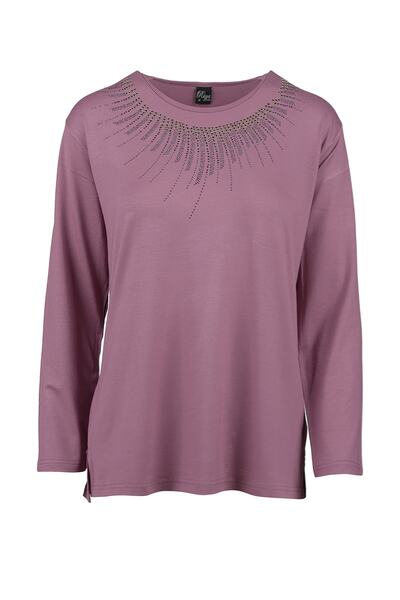 Nacar Kadın Pembe Büyük Beden Taşlı Penye Bluz