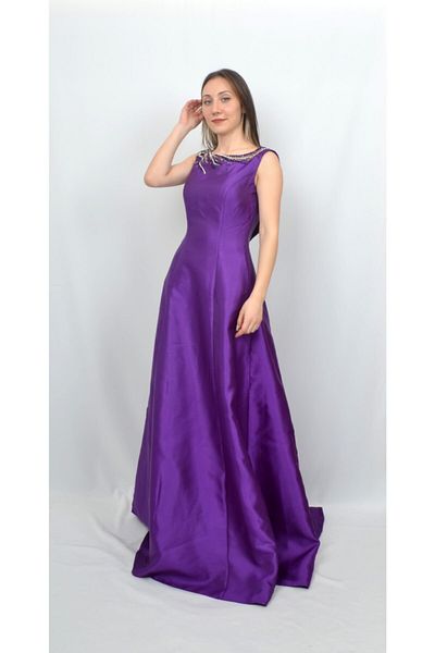 ALİS DRESS فستان سهرة نسائي ذو ياقة أرجوانية مطرز بالخرز وتفاصيل خلفية
