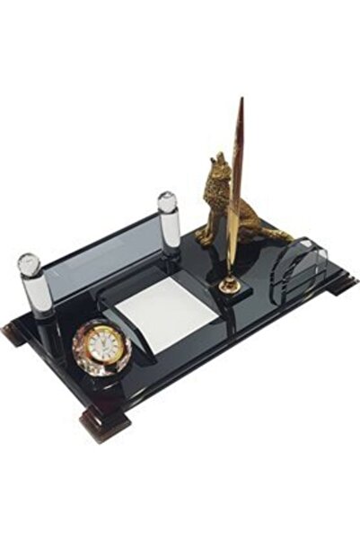 MERTKRİSTAL Kurt Figüranlı Masa Üstü Kristal Isimlik Seti - Kalemlik - Masaüs...