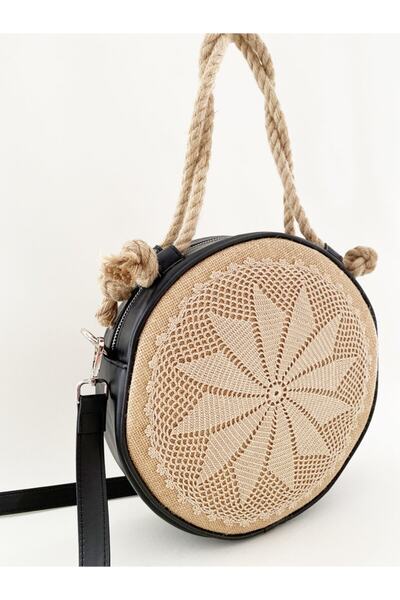 HEYBE'S Heybes Kadın El Yapımı Dantel Detaylı Yuvarlak Hasır Omuz Çantası