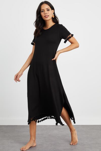 Cool & Sexy Γυναικείο φόρεμα μαύρο με φούντα με διπλό σκίσιμο LV156