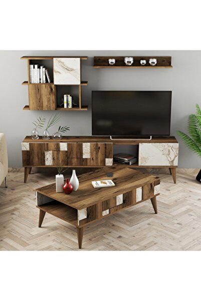 Variant Mobilya Madrid Tv Ünitesi Ve Orta Sehpa Takımı - Ceviz / Beyaz Mermer