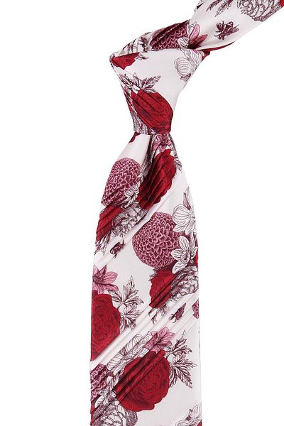 Kravatkolik White Red Rose Pattern Pleated Silk Tie Es134