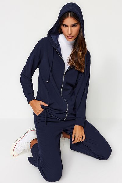 Trendyol Modest Navy Blue Oversize Ζακέτα με κουκούλα και πλεκτή αθλητική φόρμα - TCTSS21EM0091 με φερμουάρ