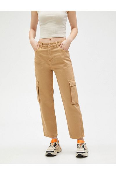 Koton Damenbekleidung Cargohose mit hoher Taille und geradem Bein - Eve Jean 3sal40079mw Beige