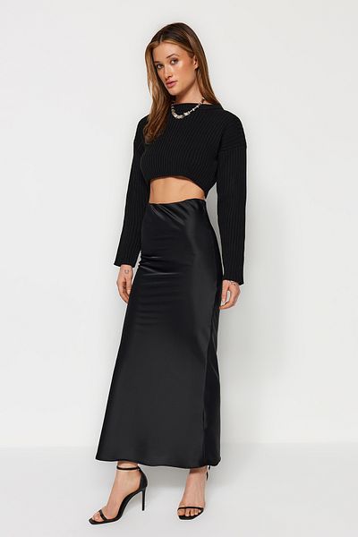 Trendyol Collection Black Mermaid Cut Satin Maxi Length Woven Skirt TWOAW24ET00358
