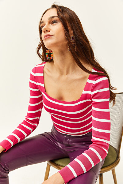 Olalook Γυναικεία ριγέ φούξια τετράγωνο γιακά Crop Basic πλεκτά μπλούζα BLZ-19001114