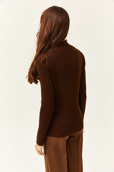 Olalook Bitter Brown halber Rollkragenpullover mit Zickzack-Struktur für Damen, weicher Strickpullover KZK-19000447