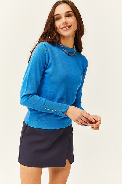 Olalook Women's Blue Slit Cuff Buttoned Knitwear Sweater KZK-19000684