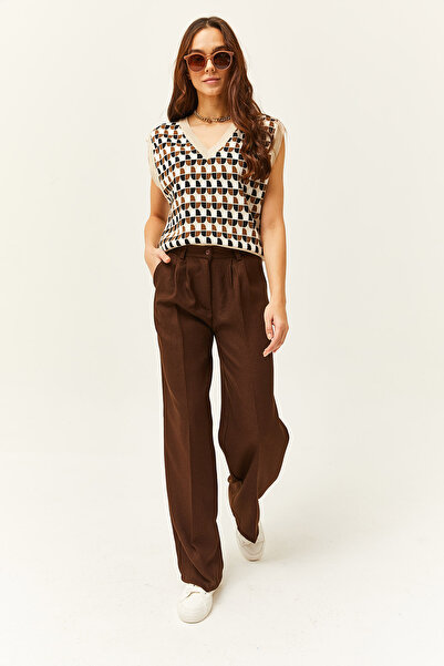 Olalook Dámské hnědé kapesní plisované kalhoty Palazzo PNT-19000137