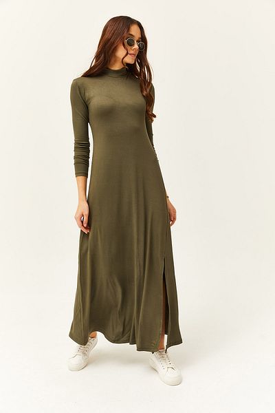 Olalook Γυναικείο Χακί Half Fisherman Slit Lycra Midi Viscose φόρεμα ELB-19001989