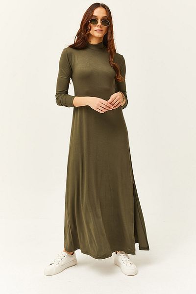 Olalook Γυναικείο Χακί Half Fisherman Slit Lycra Midi Viscose φόρεμα ELB-19001989