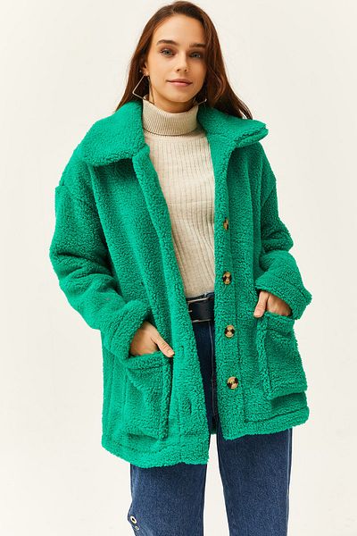 Olalook Women's Grass Green Buttoned Pocket Unlined Oversize Plush Jacket CKT-19000328