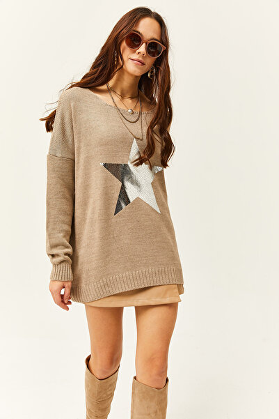 Olalook Women's Stone Lame Star Detailed Oversize Knitwear Sweater KZK-19000699