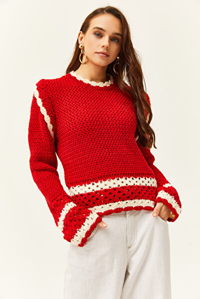 Olalook Női piros csíkos részletes áttört kötött pulóver KZK-19000704