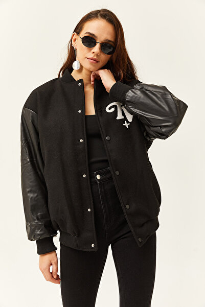 Olalook Жіноча велика куртка-бомбер зі штучної шкіри на підкладці чорного кольору з оздобленими кишенями CKT19000374