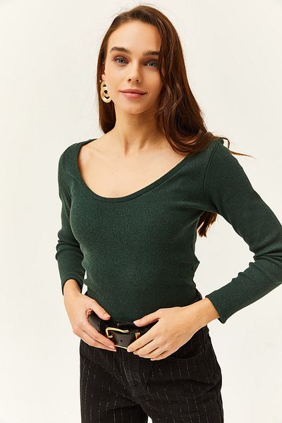 Olalook Women's Emerald Green Pool Neck Raised Lycra Blouse BLZ-19002078