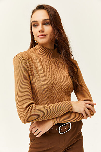 Olalook Γυναικείο πουλόβερ Camel Half Fisherman Zigzag με υφή μαλακό πλεκτό KZK- 19000447