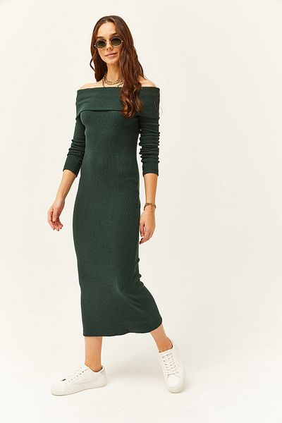Olalook Women's Emerald Green Madonna Collar Lycra Long Dress ELB-19000752