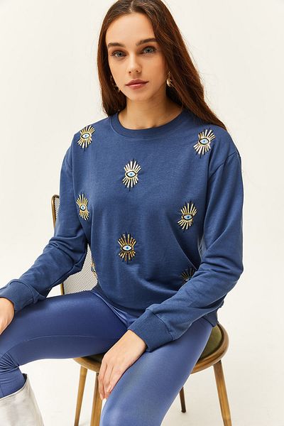 Olalook Hanorac sezonier cu ochi indigo brodat pentru femei SWT-19000598