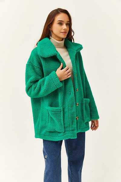 Olalook Women's Grass Green Buttoned Pocket Unlined Oversize Plush Jacket CKT-19000328