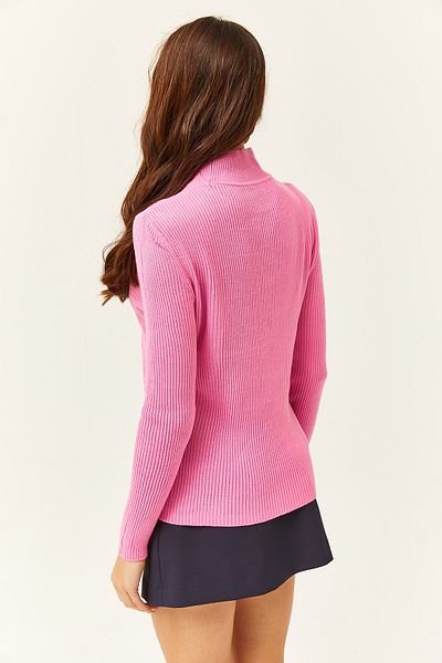 Olalook Bonbonrosa halber Rollkragenpullover mit Zickzack-Struktur für Damen, weicher Strickpullover KZK-19000447