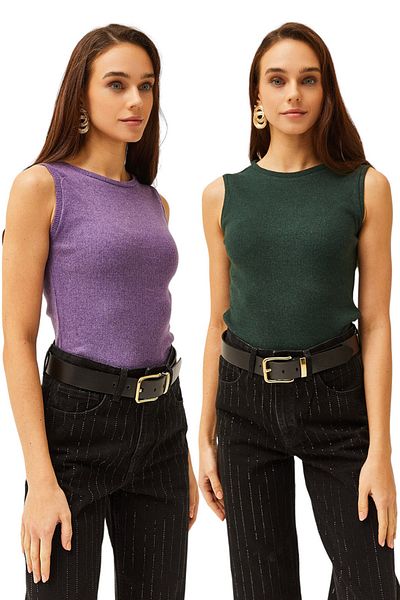 Olalook Women's Purple Emerald Green Crew Neck 2 Pack Blouse BLZ-19002401