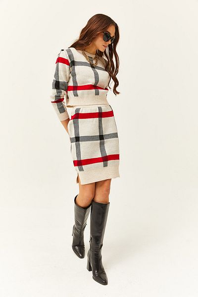 Olalook Damen-Anzug mit Steinoberteil, bauchfreiem Pullover und Schlitzrock TKM-19000184