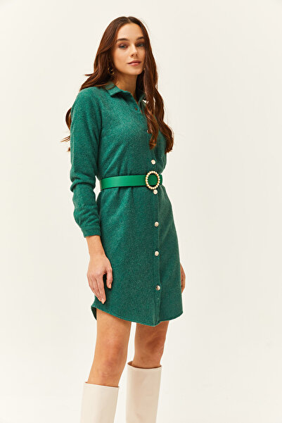 Olalook Kadın Zümrüt Yeşili Kaşe Gömlek Elbise ELB-19000953