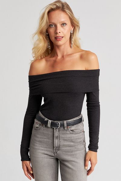Cool & Sexy Damska czarna bluzka z kołnierzykiem Madonna EY2676