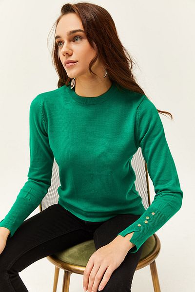 Olalook Women's Emerald Green Slit Cuff Buttoned Knitwear Sweater KZK-19000684