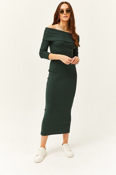 Olalook Women's Emerald Green Madonna Collar Lycra Long Dress ELB-19000752