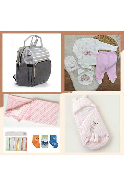 Gaye Bebe 6 Piece Princess Set Mother Baby Care Bag, 5 Pieces Hospital Exit, Ready Swaddle, Chickpea Blanket