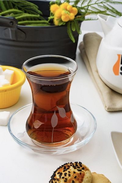 DECOSTYLE Leaf Decorated Thin Glass Tea Set 12 Pieces Paşabahçe